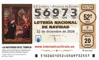 Anverso del décimo 56973 de la Lotería de Navidad 2026, de Santa Coloma de Gramenet (Barcelona)